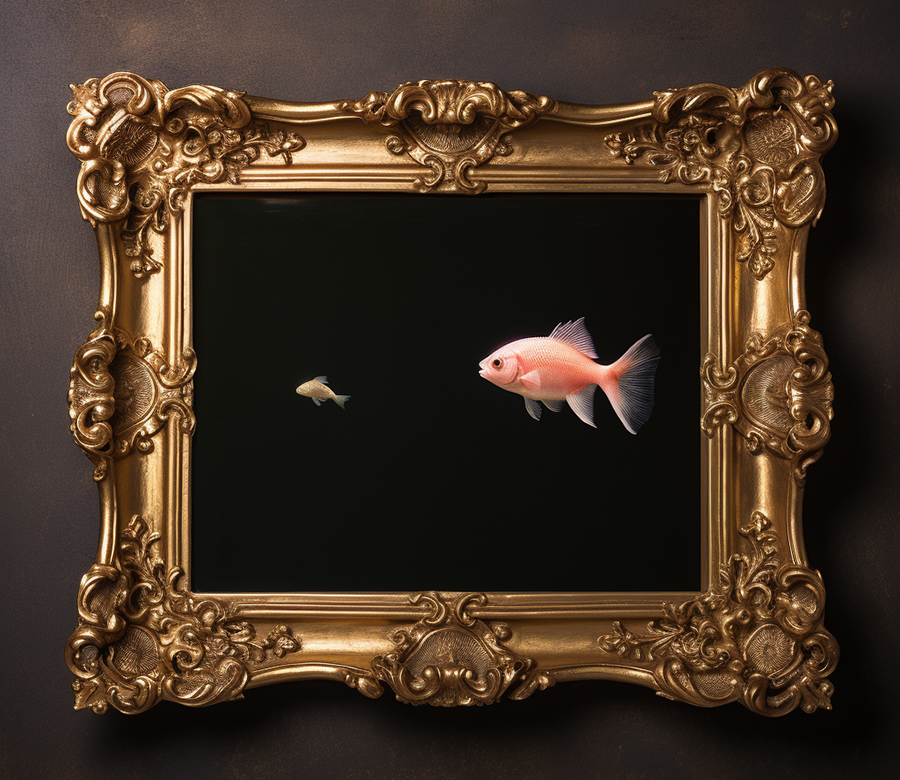 POISSONS À LA QUEUE LEULEU . Génération d'image dans la zone intérieure du cadre doré avec le prompt 