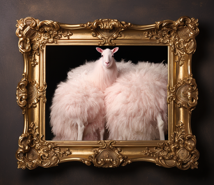 MOUTON EN FROUFROU ROSE . Génération d'image dans la zone intérieure du cadre doré avec le prompt 