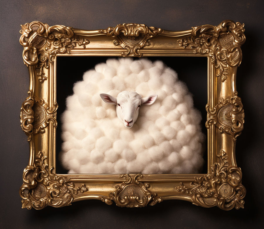 MOUTON EN COTON . Génération d'image dans la zone intérieure du cadre doré avec le prompt 