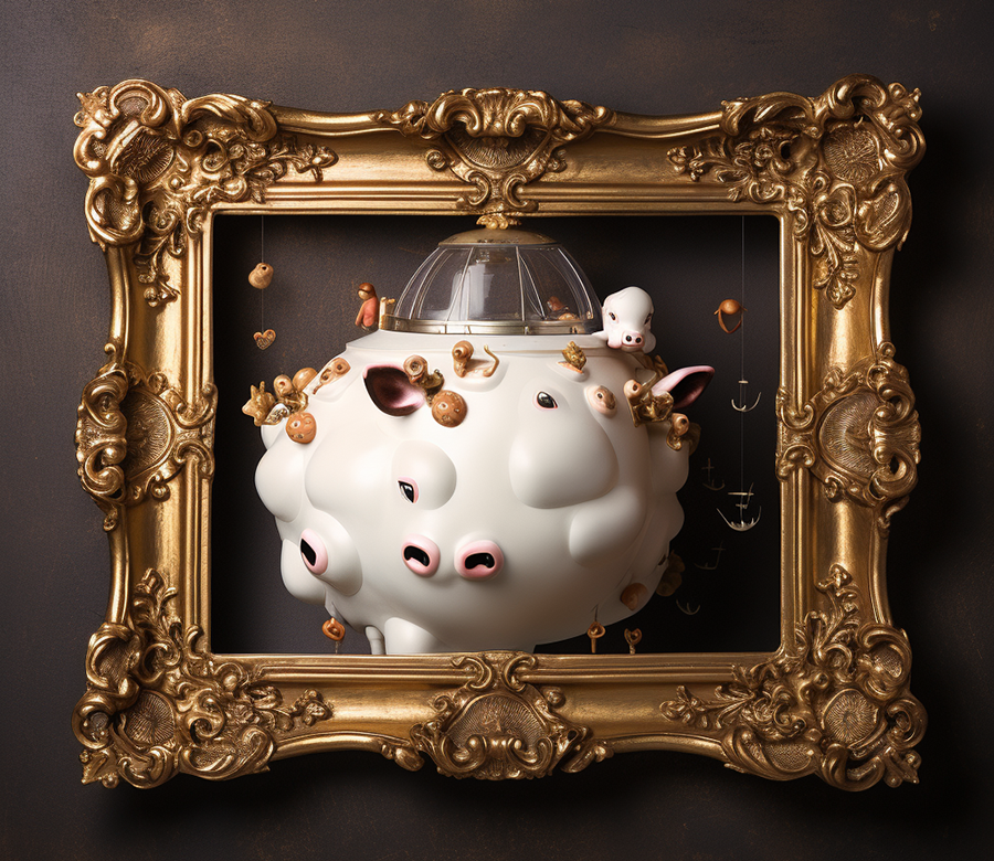 VACHE DANS VAISSEAU SPATIALE . Génération d'image dans la zone intérieure du cadre doré avec le prompt 